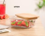 ظرف شیشه ای شیاردار 450 میلی لیتر درب چوبی