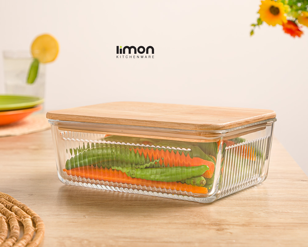 1U9A1799 ظرف شیشه ای شیار دار 1.1 لیتر درب چوبی - تصویر 1