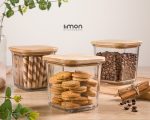 ظرف شیشه ای 860 میلی لیتر درب چوبی