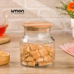 بانکه شیشه ای 800 میلی لیتر درب چوبی